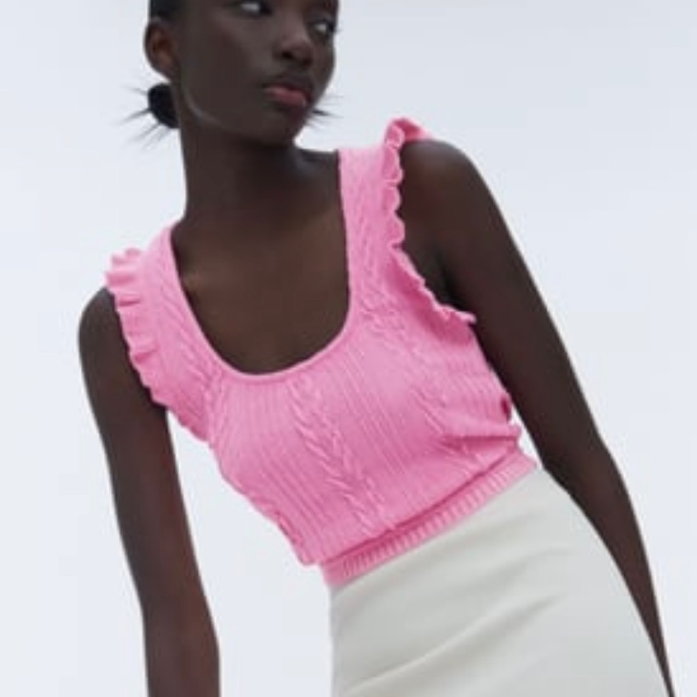 Zara Ruffled Cable Knit Top, pink NWT